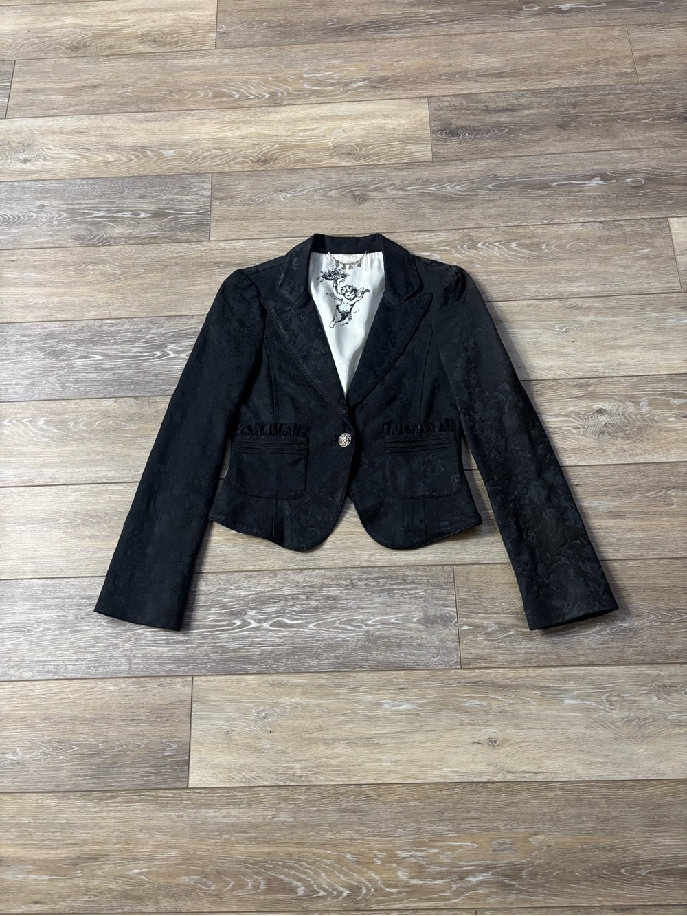 Bebe Cropped Blazer Sz 4 Black Jacquard Jacket Indie Office Baddie Y2K Goth Vtg